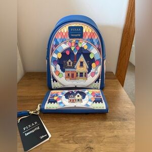 NWT Loungefly Disney Pixar Up Stained Glass Mini Backpack and Wallet.